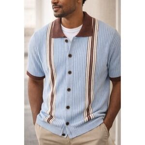 NWT Giovanco Polo Sweater Large Ribbed Knit Button Front Retro Stripe